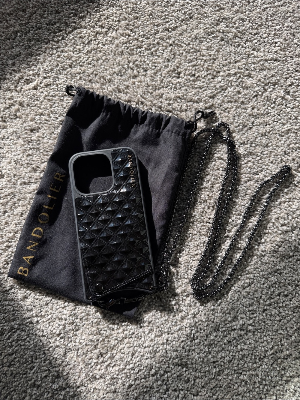 Bandolier Black Quilted Crossbody Phone Case with Gunmetal Chain - iPhone 15 Pro